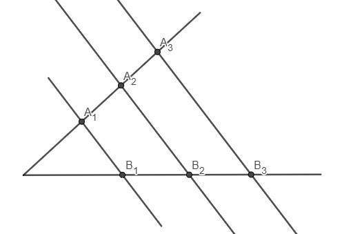 На чертеже A1B1 || A2B2 || A3B3, А1А2 = A2A3, А1А2 : B1B2 = 3 : 4, В2В3 – А2А3 = 6 см. Найдите А2А3.