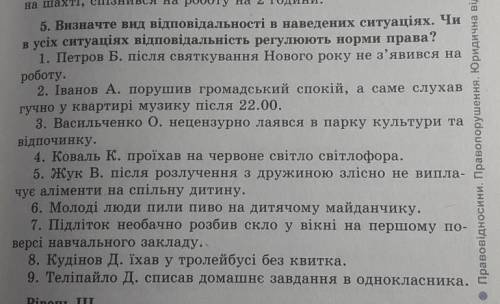 Визначте вид відпов в усіх ситуаціях відповідальність регулюють норми права?1. Петров Б. після святк