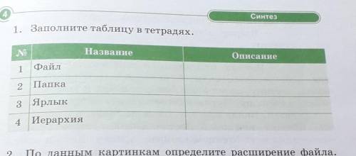 1. Заполните таблицу в тетрадях. НазваниеОписание1 Файл2 Папка3 Ярлык4 Иерархия​