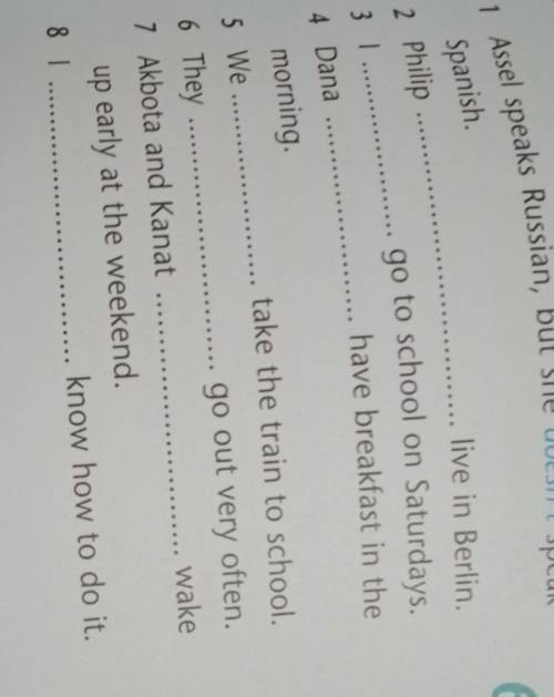 Fill in: don't or doesn't. 31 Assel speaks Russian, but she doesn't speakSpanish2 Philip live in Ber