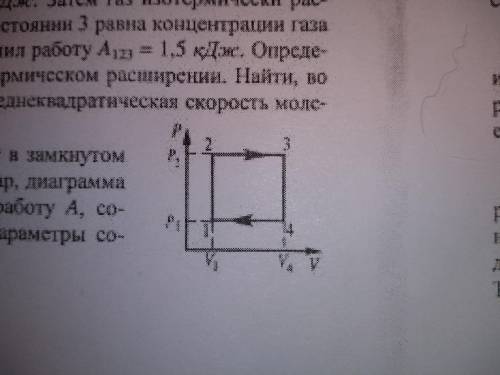 Один моль газа участвует в замкнутом процессе, состоящее из двух изохори и двух изобар, диаграмма ко