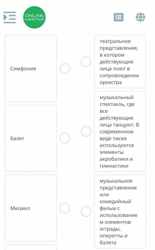Соотнести жанр музыки с описанием. Симфония, Балет, Мюзикл.Теотральное представление ​