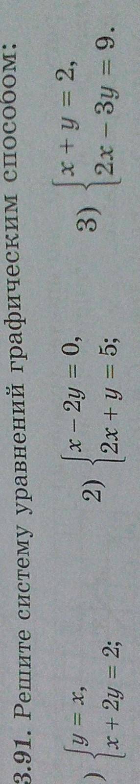 3.91. Решите систему уравнений графическим х+у= 2.2х - Зу = 9.x - 2y = 0,2х + y = 5;2)3)1)y = x,x+2y