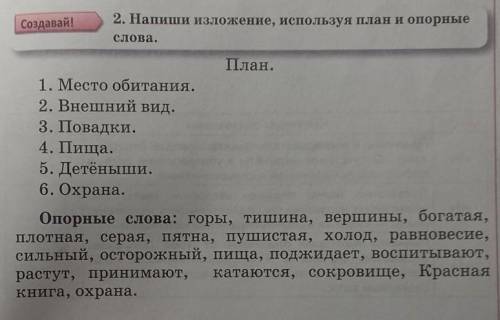 Создавай! 2. Напиши изложение, используя план и опорныеслова,План.1. Место обитания.2. Внешний вид.3