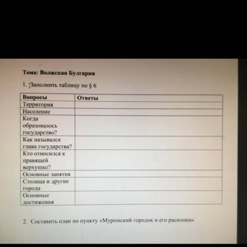 Тема: Волжская Булгария 1. Заполнить таблицу по История Самарского Края