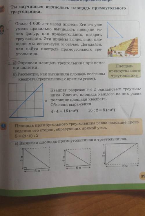 Вычисли площадь прямоугольника и треугольника задание первое, под буквами а, б ,в.​