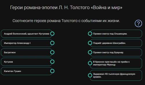 Соотнесите героев романа Толстого с событиями их жизни.