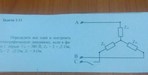 Определить все токи и построить топографическую диаграмму, если в фазе c обрыв. ua=380в za=2+j2 ом,