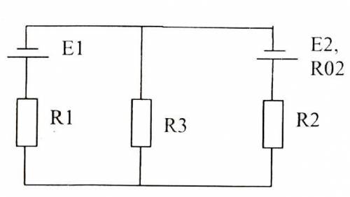 Дано: E1=48B, E2=38B, R1=12Om, R2=16Om, R3=22Om, R02=4Om.Определить все токи в цепи любым методом.