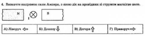 Визначте напрямок сили Ампера, з якою діє на провідник зі струмом магнітне поле.