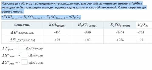 Используя таблицу термодинамических данных, рассчитай изменение энергии Гиббса реакции нейтрализации