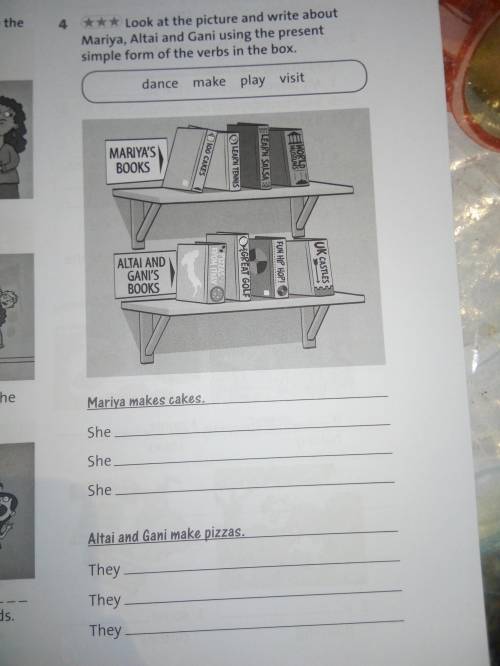 Look at the picture and write about Mariya, Altai and Gani using the present simple form of the verb