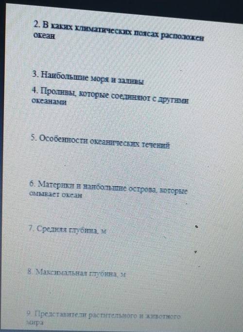 2 В каких канчатических паясах расположен океан. 3. Наибольшие моря и заливы4. Проливы, которые соед