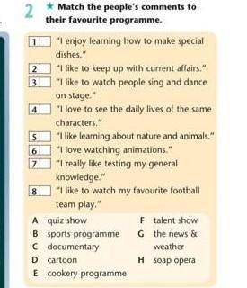 Match the people's comments to their favourite programme. I enjoy learning how to make special dish