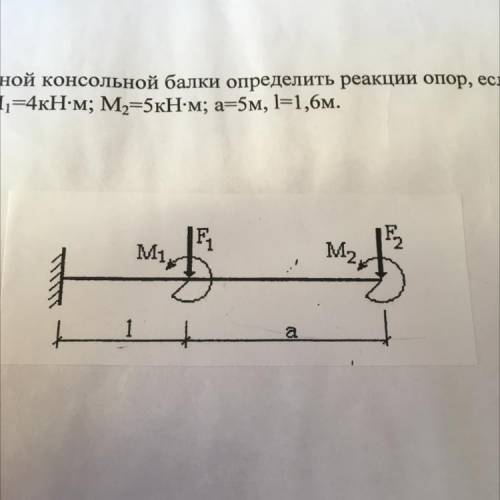 для заданной консольной балки определить реакции опор если f1=2kH, f2=7kH, M1=4kH*m , M2=5kH*m, a=5m