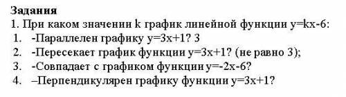 1. При каком значении k график линейной функции у=kх-6: 1. -Параллелен графику у=3х+1? 3 2. -Пересек