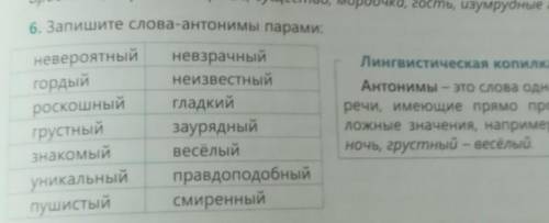 Ущество, мордочка, гость, изумрудные глаза. 6. Запишите слова-антонимы парами:невзрачныйЛингвистичес