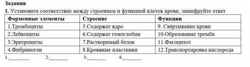 1. Установите соответствие между строением и функцией клеток крови, зашифруйте ответ​