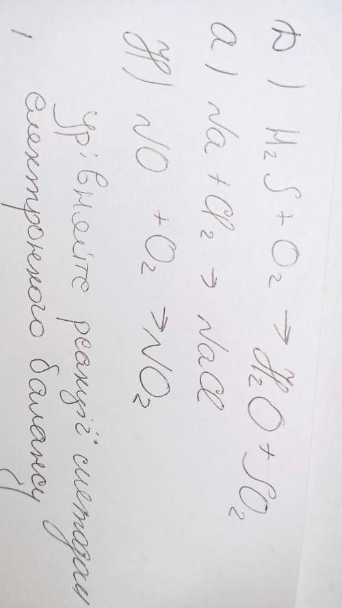 Урівняйте реакції методом електронного балансу 1 h2s+o2=h2o+so22 na+cl= nacl3 no+o2=no2 минут. оста