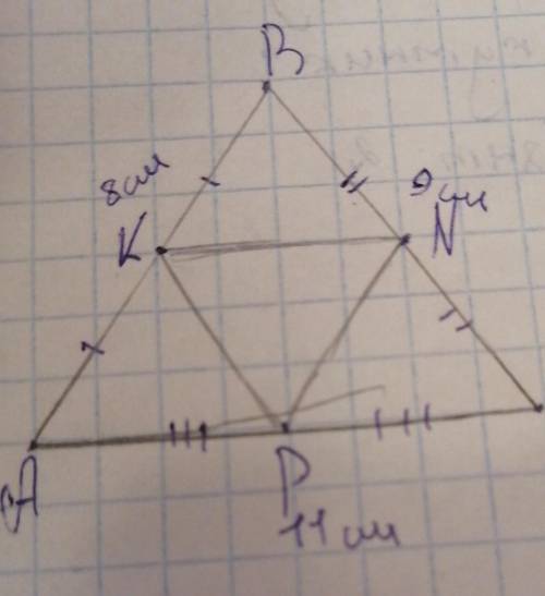 Є трикутник Abc. Потрібно знайти периметр трикутника knp якщо AB=7СМBC=8CMAC=9CM​