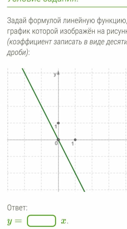 Задай формулой линейную функцию, график которой изображён на рисунке (коэффициент записать в виде де