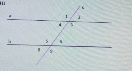 Назвіть на рисунку кут, що рівні прямої с, якщо aibпаралельні.1) 62) 43) 54) 8​