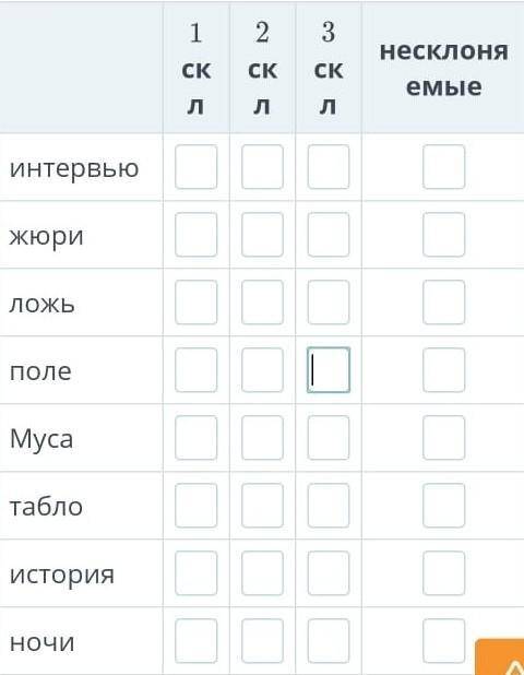 Определи склонение существительных, обозначая верный ответ знаком «+» , неверный – знаком «–» в соот