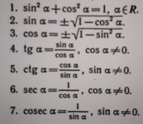 Основные тригонометрические тождества 1. sin? a+cos? a=1, GER.2. sin a=+VI - cos?3. cos a=+VI - sin’