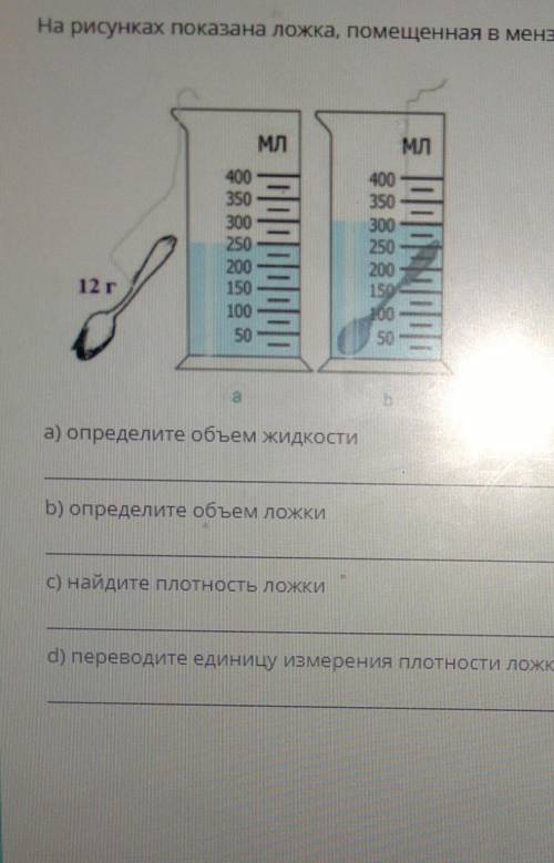 на рисунках показана ложка помещение в мензурку с водой масса ложки указано на рисунке ​