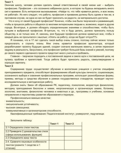 Заполните таблицу Текст 1 Текст 22.1 Определите стили текстов. 2.2 Приведите 2 доказательства стиля