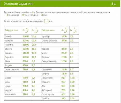 Грузоподъёмность лифта — 8 т. Сколько листов железа можно погрузить в лифт, если длина каждого листа