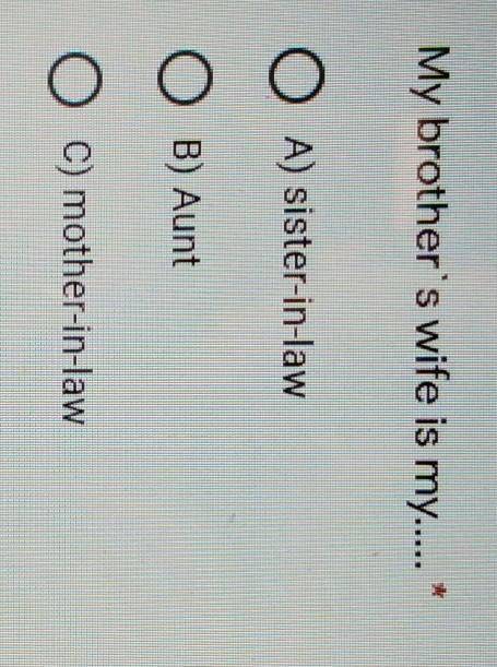 My brother's wife is my*A) sister-in-lawB) AuntC) mother-in-law​