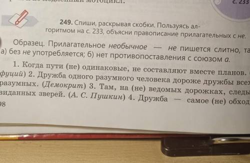 249. Спиши, раскрывая скобки. Пользуясь ал- горитмом на с. 233, объясни правописание прилагательных