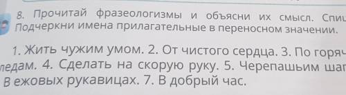 8. Прочитай фразеологизмы и объясни их смысл. Спиши. Подчеркни имена прилагательные в переносном зна