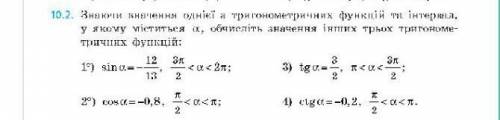 знаючи значення однієї а тригонометричних функцій та інтервал, у якому міститься а, обчисліть значен