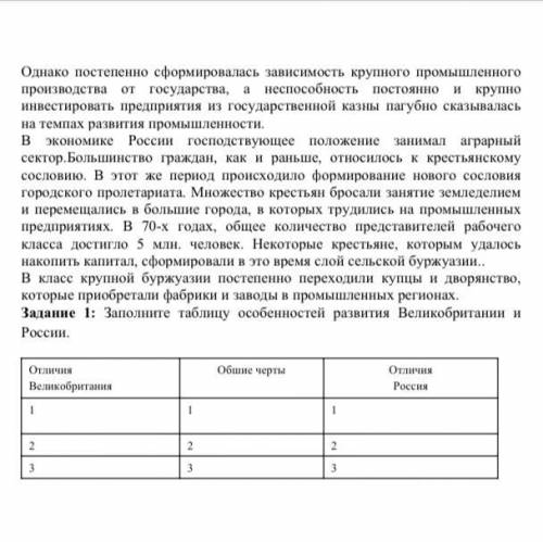 Задание 1 Заполните таблицу особенностей развития Великобритании и России