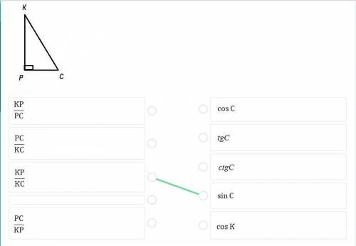 Дан прямоугольный треугольник КРС с прямым углом Р. Установите соответствие между отношениями. сторо