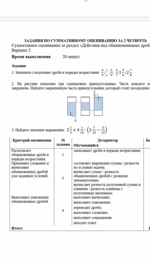 ЗАДАННЯ ПО СУМАТИВНОГУ ОЦЕНИВАННЮ ЗА 2 ЧЕТВЕРТЬ Суммативное оценивание за раздел «Действия над обыкн