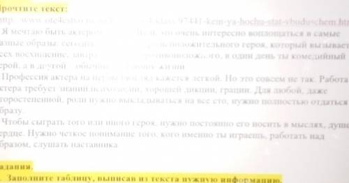 4. Заполните пропуски в таблице. ответВопрос1. Почему герой желает стать актером?2.3.Работа актера т