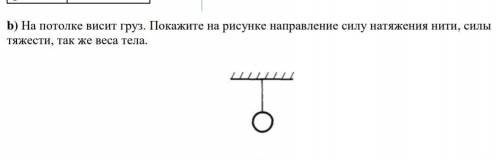 На потолке висит груз. Покажите на рисунке направление силу натяжения нити, силы тяжести, так же вес