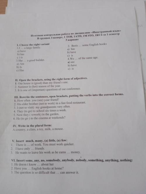 IV. Write in the plural form: A country, a class, a toy, milk, a mouse.