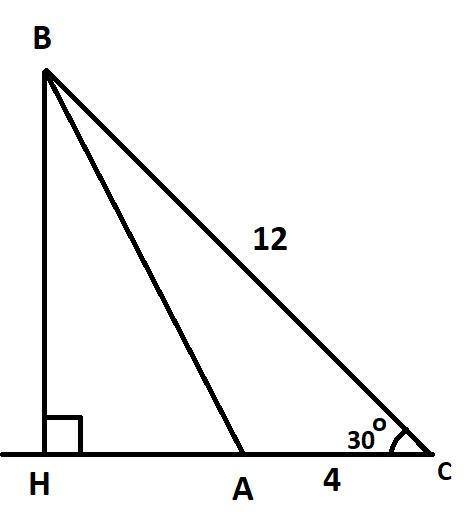 12. Найдите площадь треугольника ABC (BH - высота, BC = 12 см, AC = 4 см, BCA = 30°)