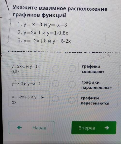 Укажите взаимное расположение графиков функций1. y=x+3 и y=-x+32. y=2x-1 иу=1-0,5х3. y= -2x++5 и у=