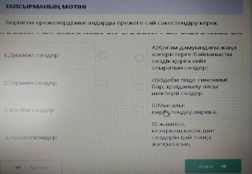 ТАПСЫРМАНЫҢ МӘТІНІ Берілген ережелерді, мысалдарды ережеге сай сәкестендіру керек1.Диалект сөздерО)А