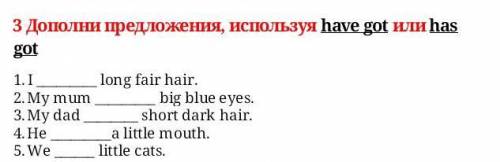 Дополни предложения, используя have got или has got I long fair hair.My mum big blue eyes.My dad