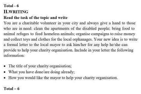 Total - 6 Il. writing Read the task of the topic and write You are a charitable volunteer in your ci