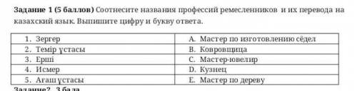 соотнесите названия профессий ремеслинеков и их перевода на казахский язык. Выпишите цифру и букву о