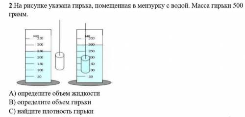 На рисунке показана гирька помещенная в мензурку с водой. Масса гирьки 500 грамм A) Определите объём