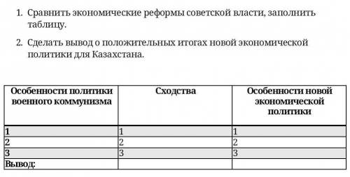 1.Сравнить экономические реформы советской власти, заполнить таблицу. 2.Сделать вывод о положительны