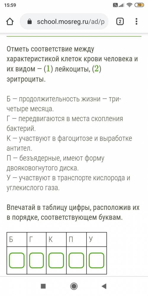 Отметь соответствие между характеристикой клеток крови человека и их видом — (1) лейкоциты, (2) эрит